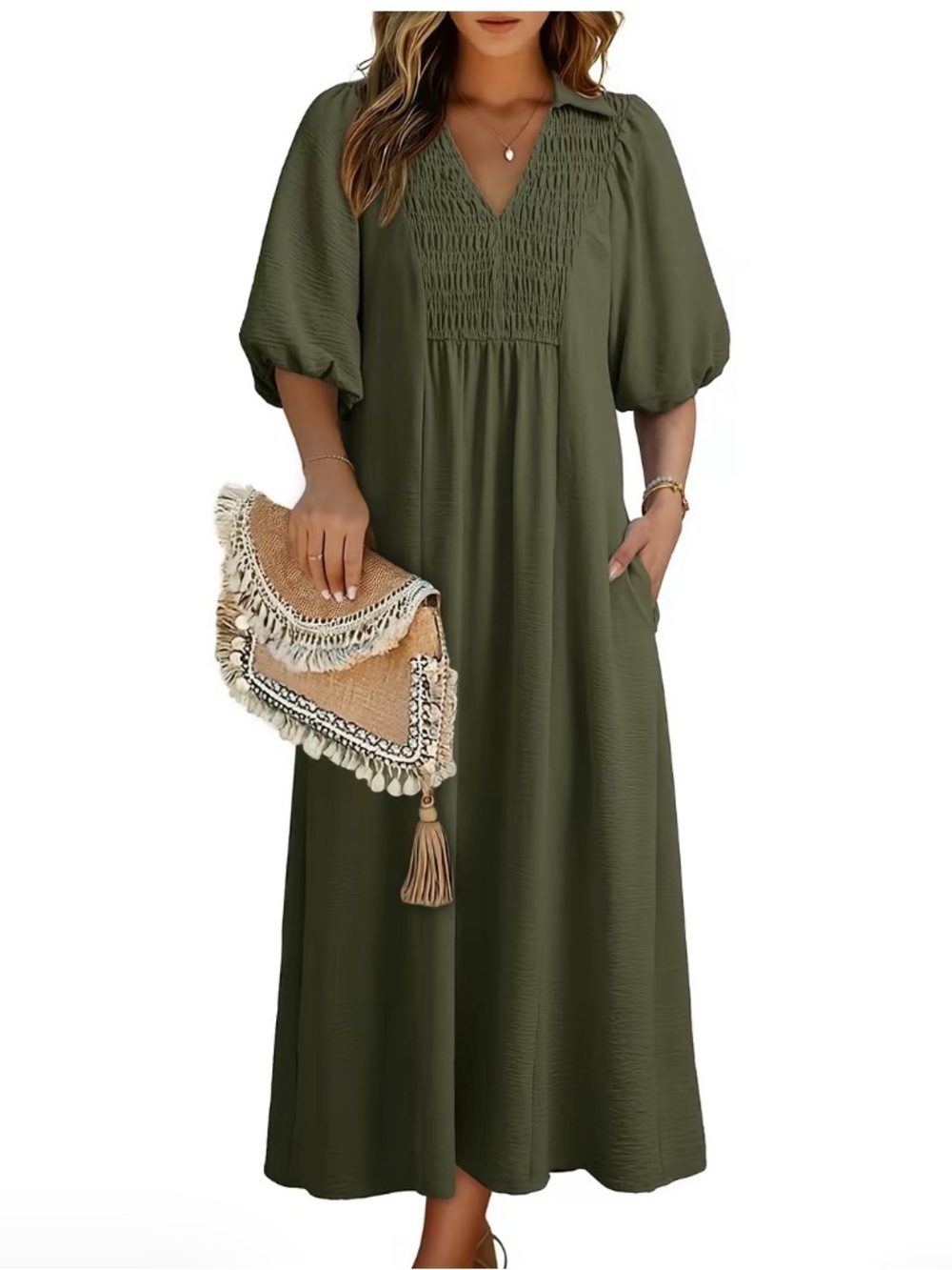 Olive Green Smocked V-Neck Midi Dress with Puff Sleeves
